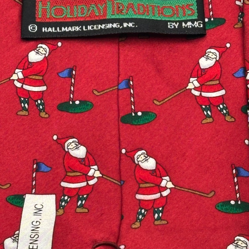 Holiday Traditions Christmas Santa Golfing Red Silk Necktie Hallmark‎ Licensing